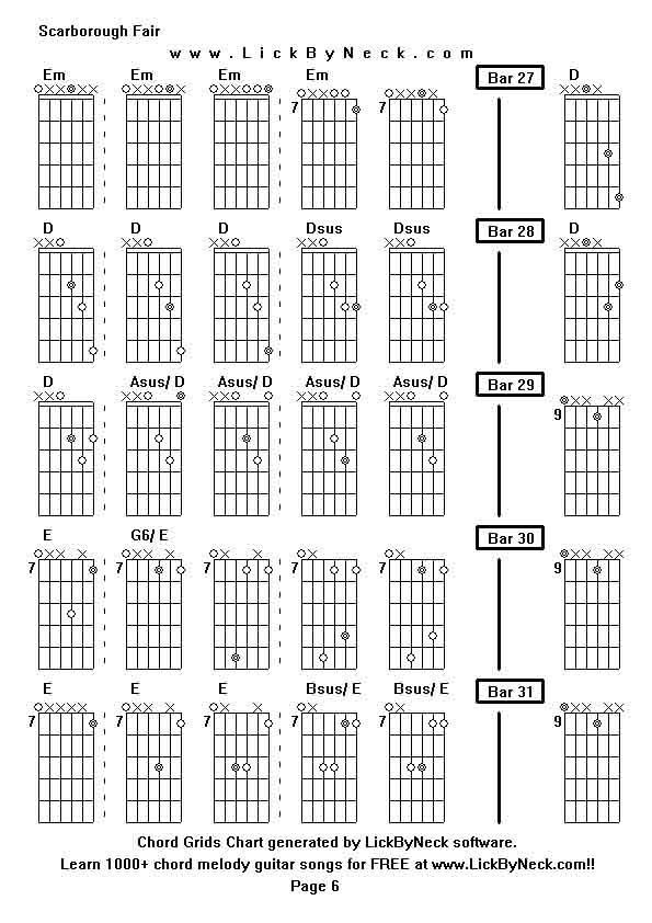 Chord Grids Chart of chord melody fingerstyle guitar song-Scarborough Fair,generated by LickByNeck software.